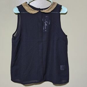 Influence Black Tank Top with Gold Collar Chiffon Back Gold Button Closure Sz L